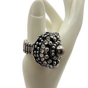 Large Domed Statement Stretch Cocktail Ring Silver Tone with Clear Rhinestones
